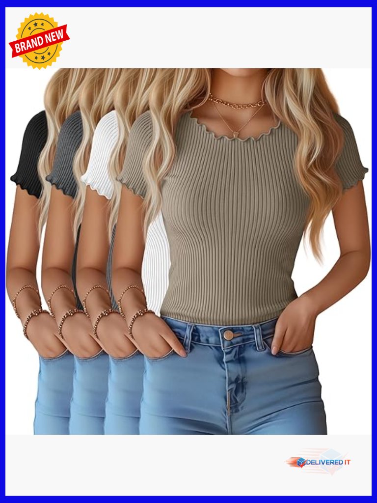 4 Pack Women's Short Sleeve Cotton Ribbed Trim Tops Slim Fit Crew Neck Summer
